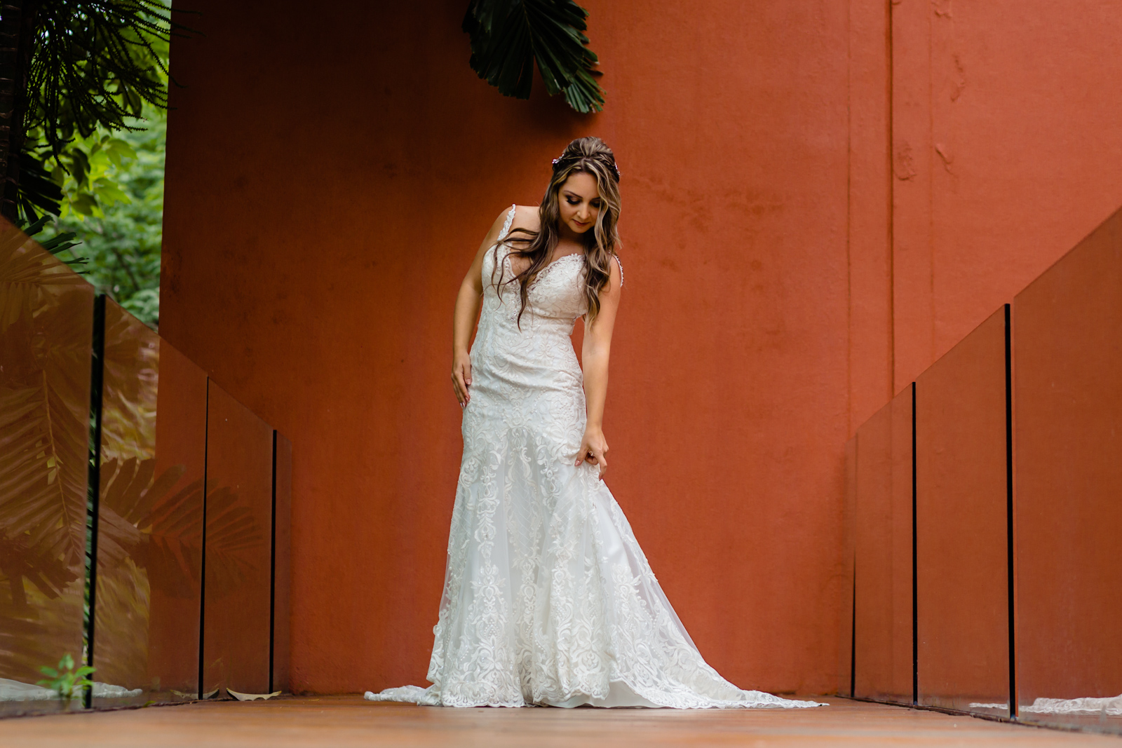 bride ready for the ceremony touch her dress