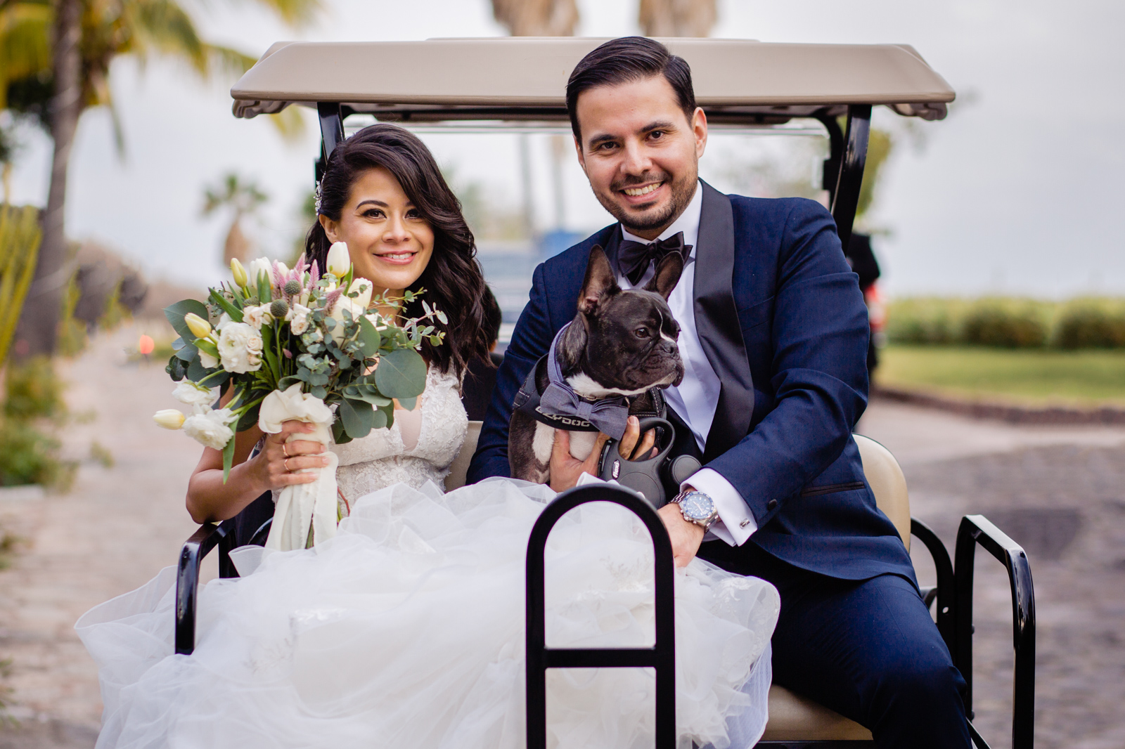 bride and groom at the end of the ceremony on a golf cart with the lovely dog 