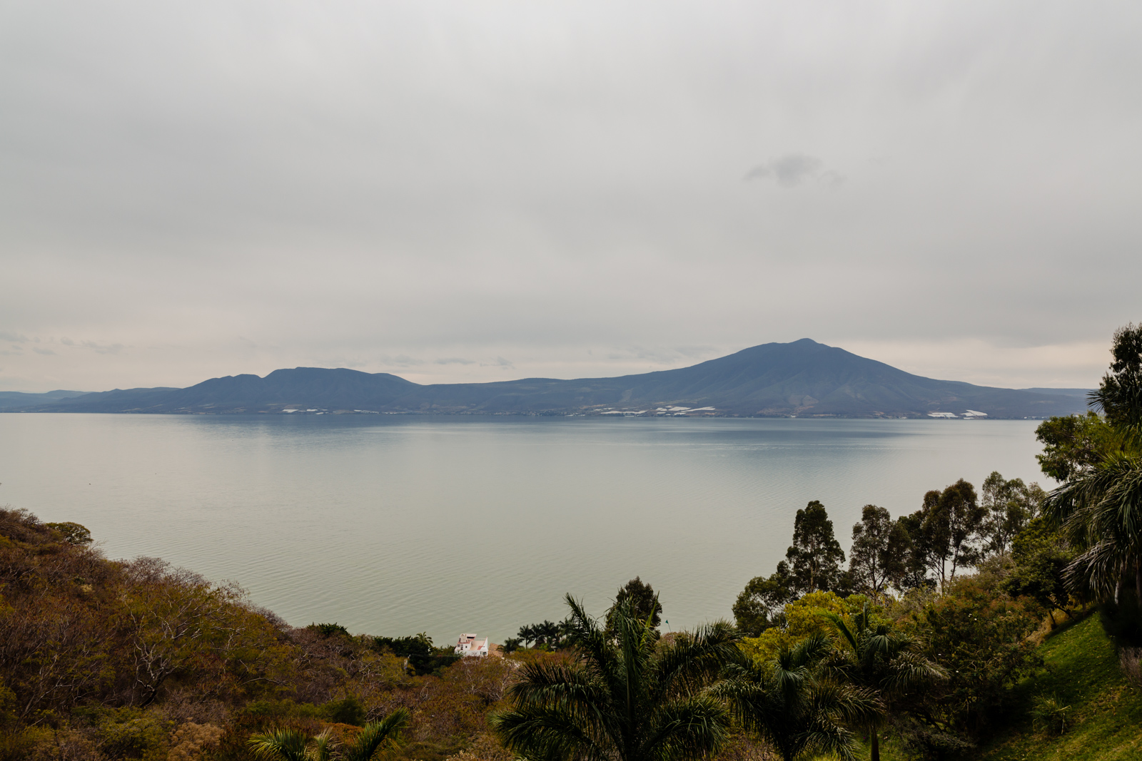 lake Chapala  on the mountain, with view on a cloudy day 